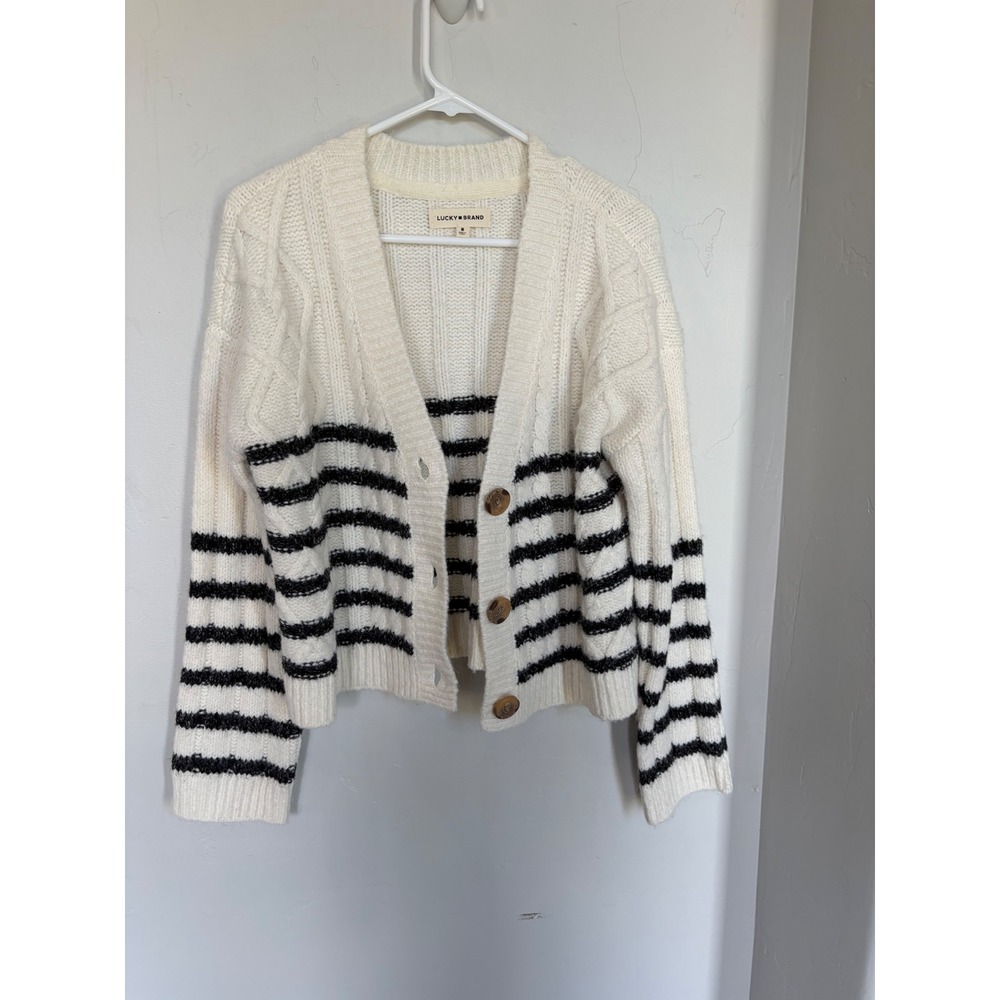 Lucky Brand Womens Cream Black Striped Cable Knit Button Front Cardigan Medium